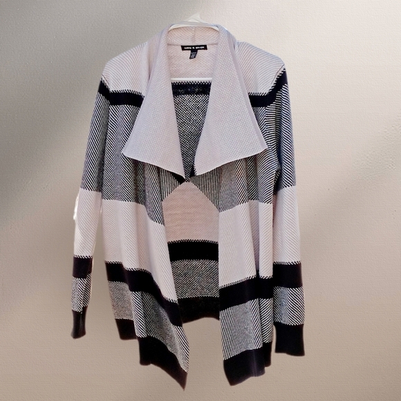Cable & Gauge Sweaters - Cable & Gauge Cardigan Sweater Open Front Gray and White Size XL